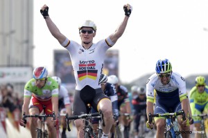 GREIPEL André GER wins the sprint before DEMARE Arnaud FRA of FDJ, DEGENKOLB John GER of TEAM GIANT-ALPECIN and MATTHEWS Michael AUS of ORICA GREENEDGE during stage 2 of the 73rd edition of Paris-Nice cycling race with start in Beauval and finish in Saint-Amand-Montrond, France. *** SAINT-AMAND-MONTROND, FRANCE - 10/03/2015  (Photo by Peter De Voecht/Photonews